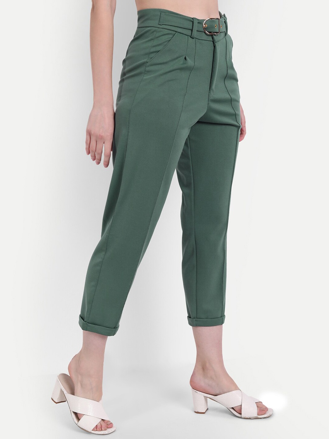 

Next One Women Relaxed Straight Leg Straight Fit High-Rise Easy Wash Pleated Trousers, Green