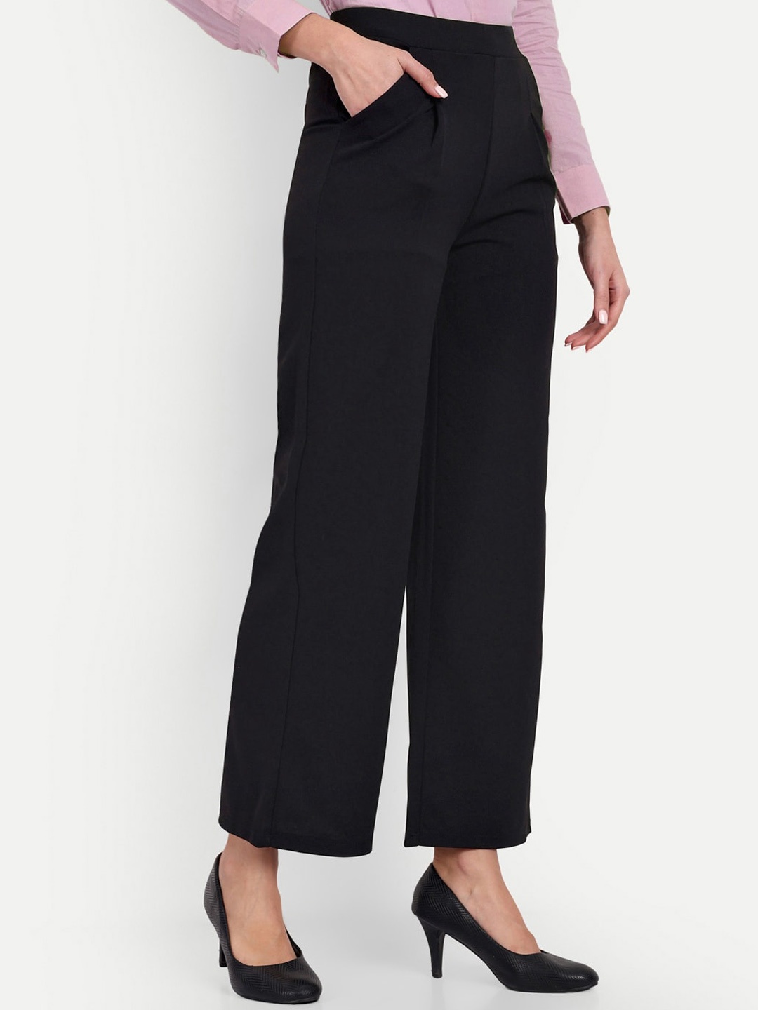 

Next One Women Tailored Loose Fit High-Rise Easy Wash Stretchable Formal Parallel Trousers, Black