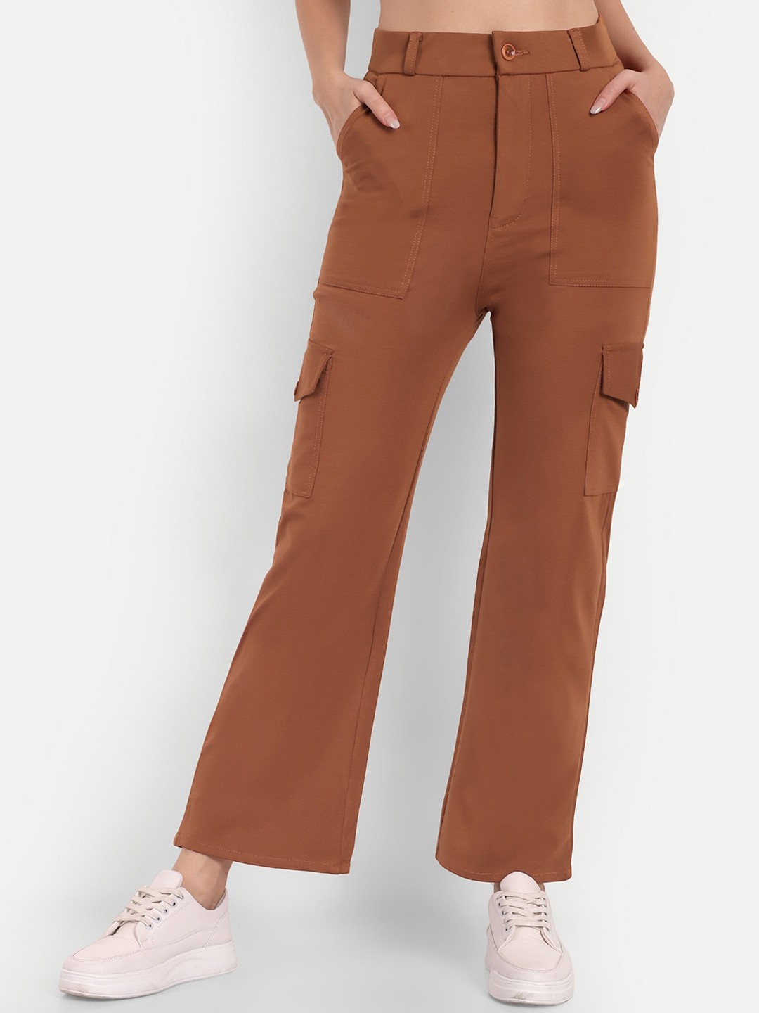 

Next One Women Smart Straight Fit High-Rise Easy Wash Cargos Trousers, Tan
