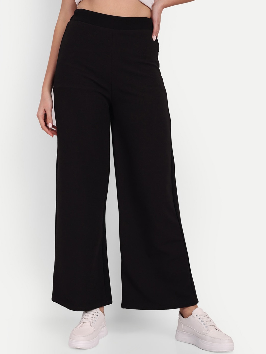 

Next One Women Black Smart Loose Fit High-Rise Easy Wash Parallel Trousers
