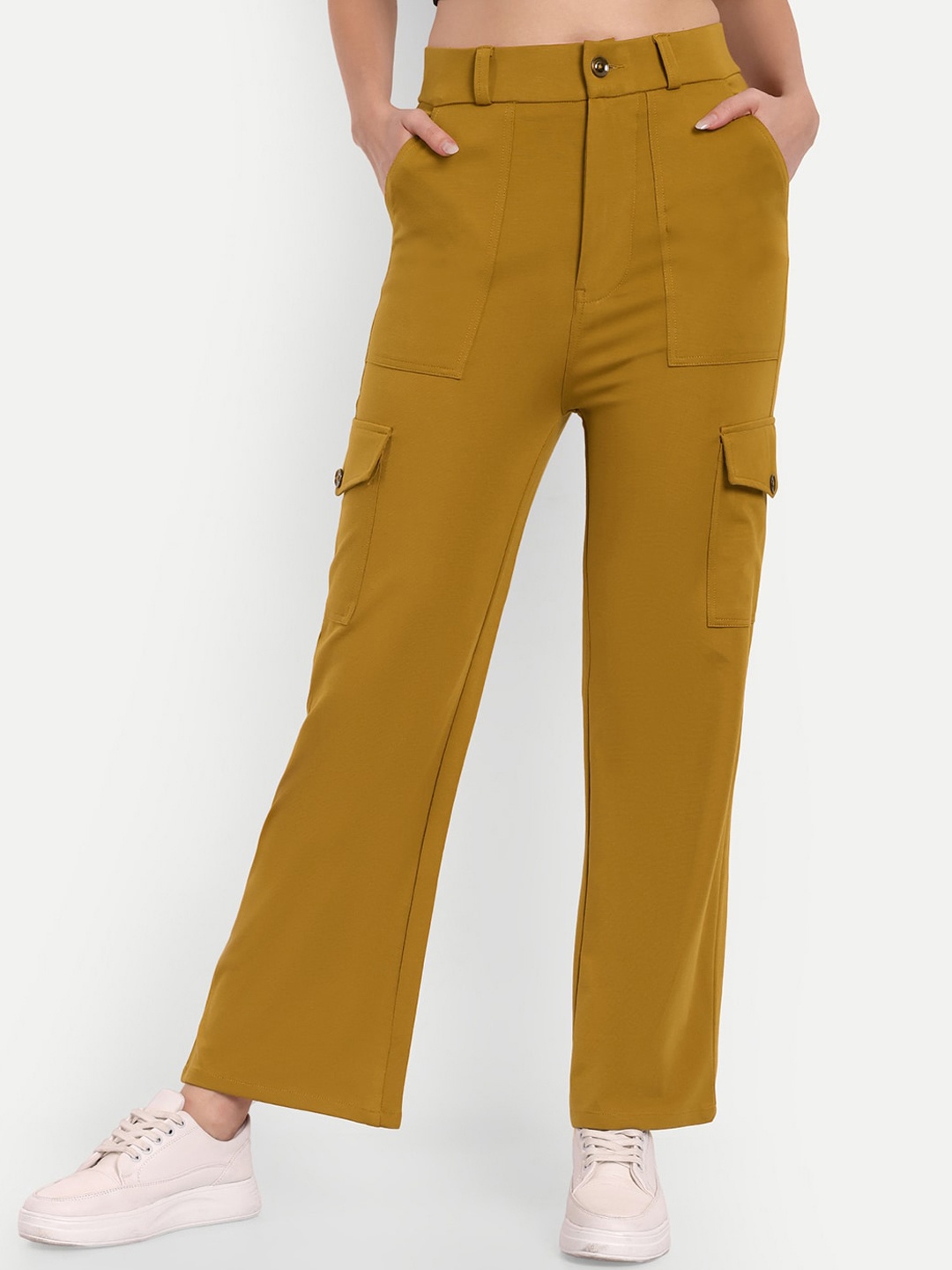 

Next One Women Smart Straight Fit High-Rise Easy Wash Cargos Trousers, Mustard