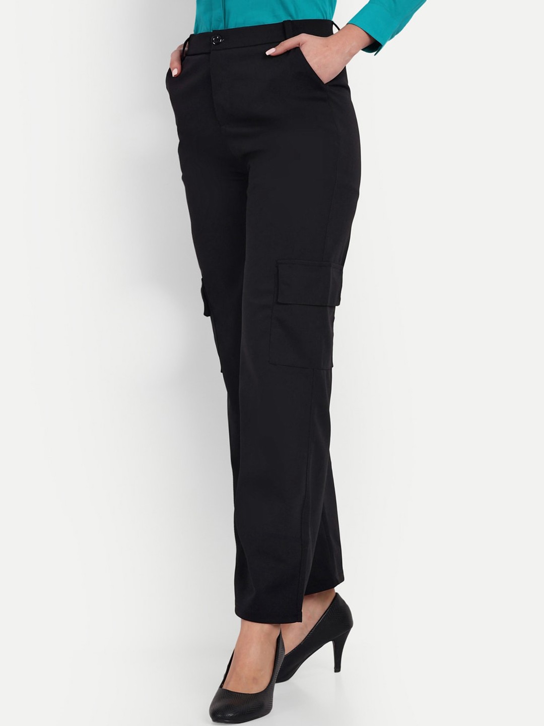 

Next One Women Relaxed Loose Fit High-Rise Easy Wash Cargo Trousers, Black