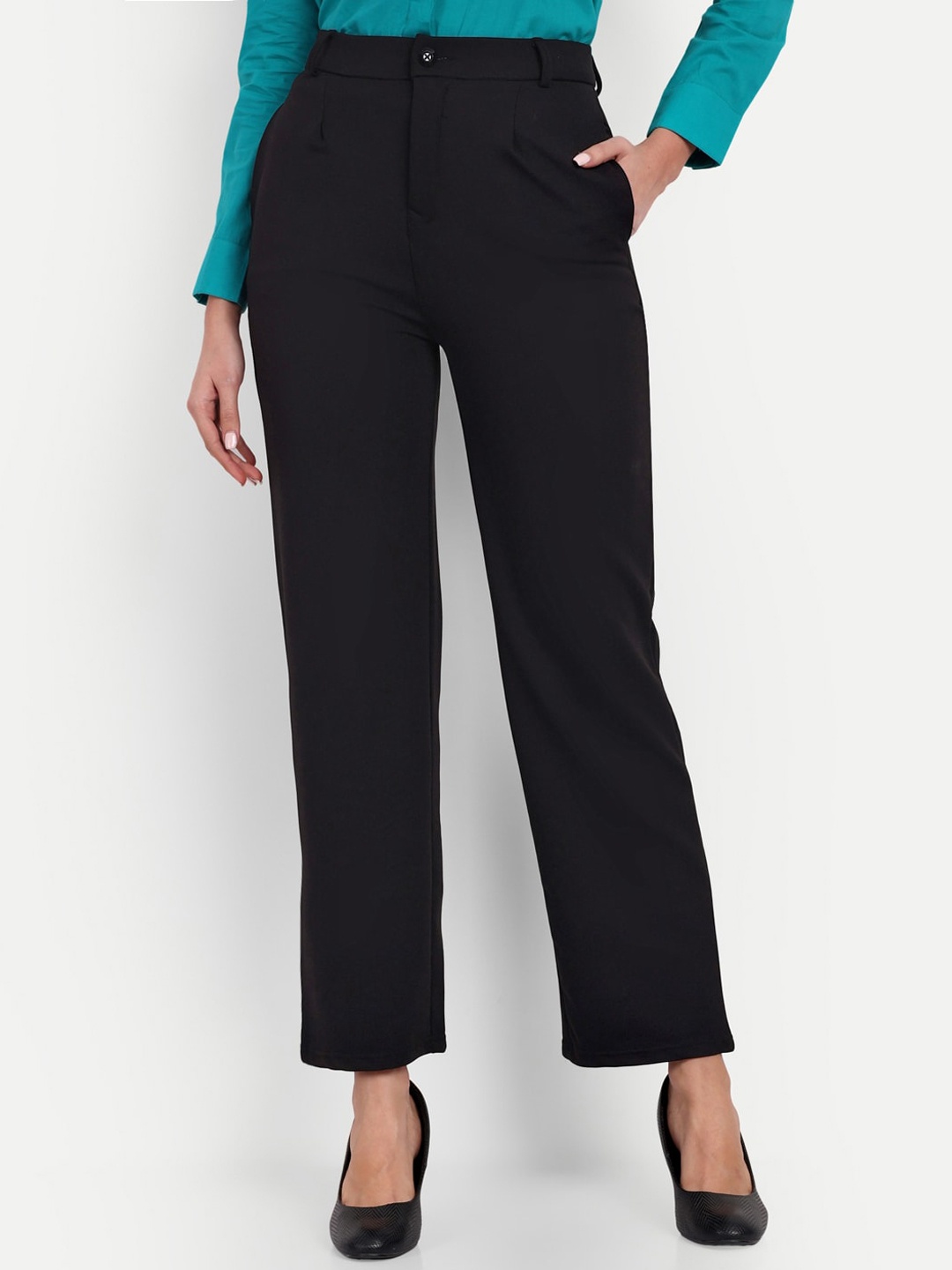 

Next One Women Straight Fit High-Rise Easy Wash Formal Trousers, Black