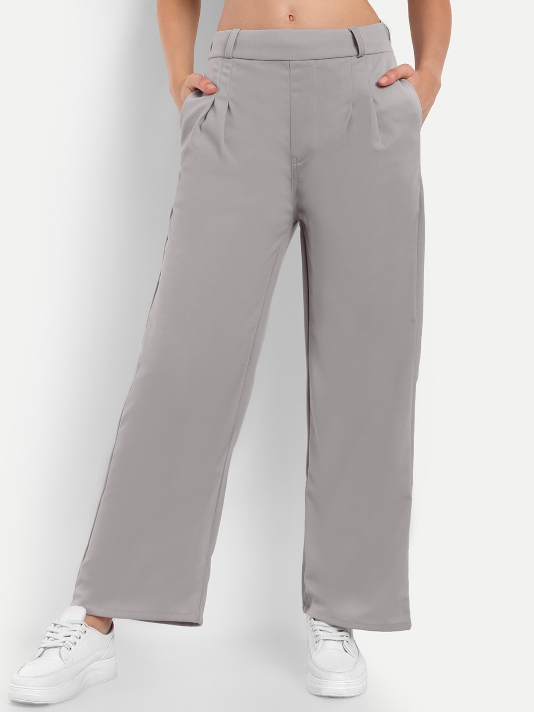 

Next One Women Smart Loose Fit High-Rise Easy Wash Pleated Formal Trousers, Grey