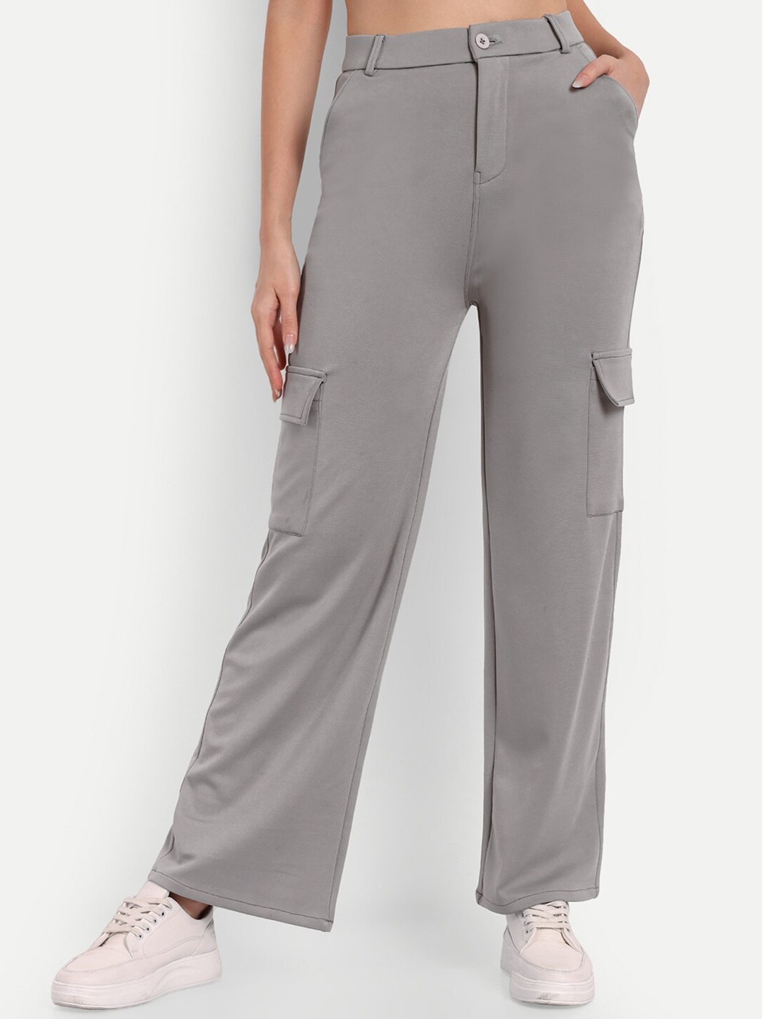 

Next One Women Smart Straight Fit High-Rise Easy Wash Cargo Trousers, Grey