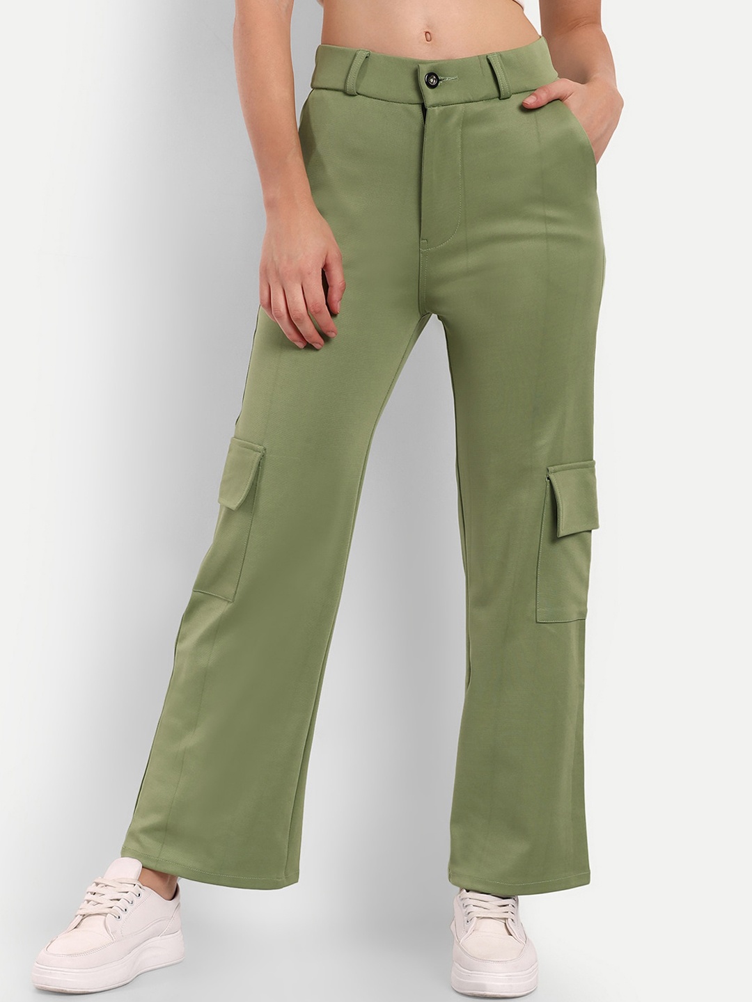 

Next One Women Smart Straight Fit High-Rise Easy Wash Cargos Trousers, Green