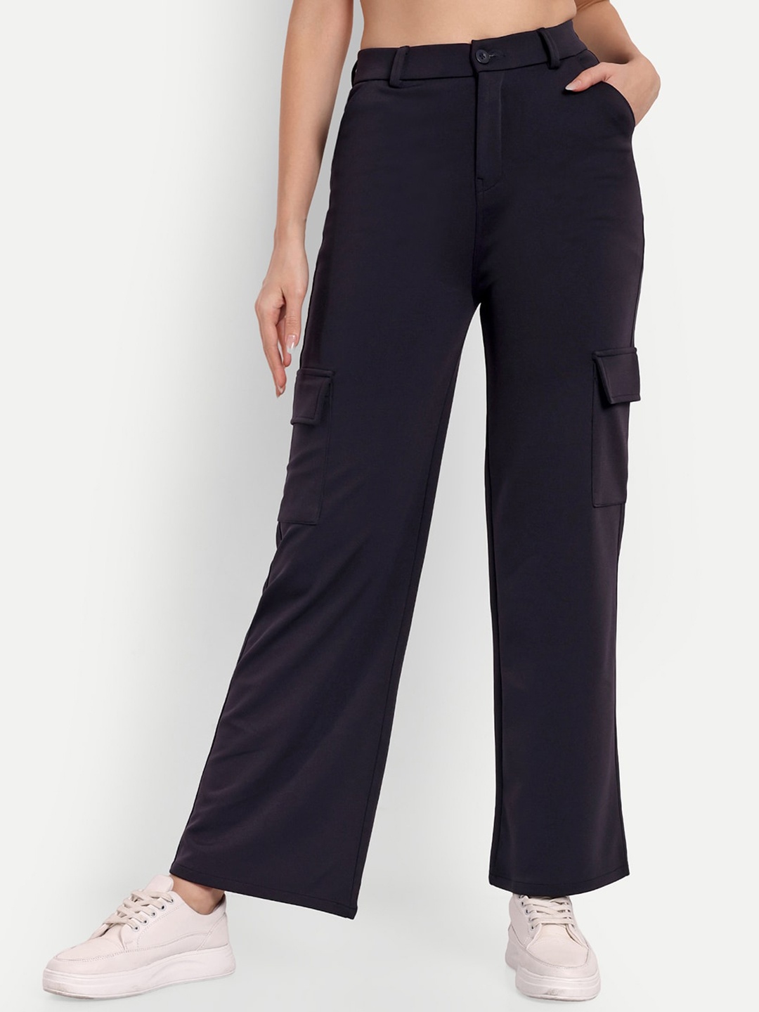 

Next One Women Smart Straight Fit High-Rise Easy Wash Cargos Trousers, Navy blue