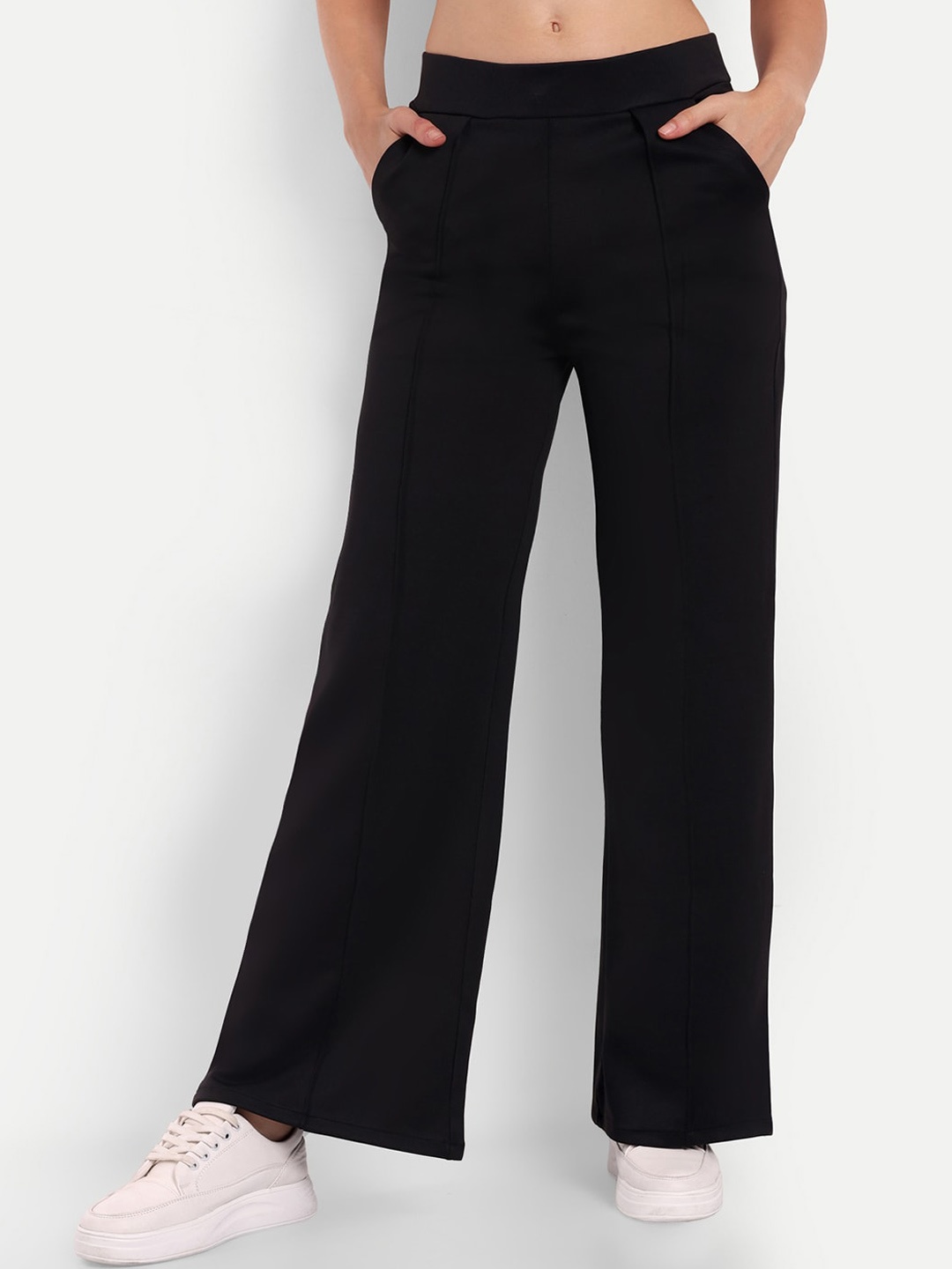 

Next One Women Black Smart Straight Fit High-Rise Easy Wash Pleated Parellel Trousers