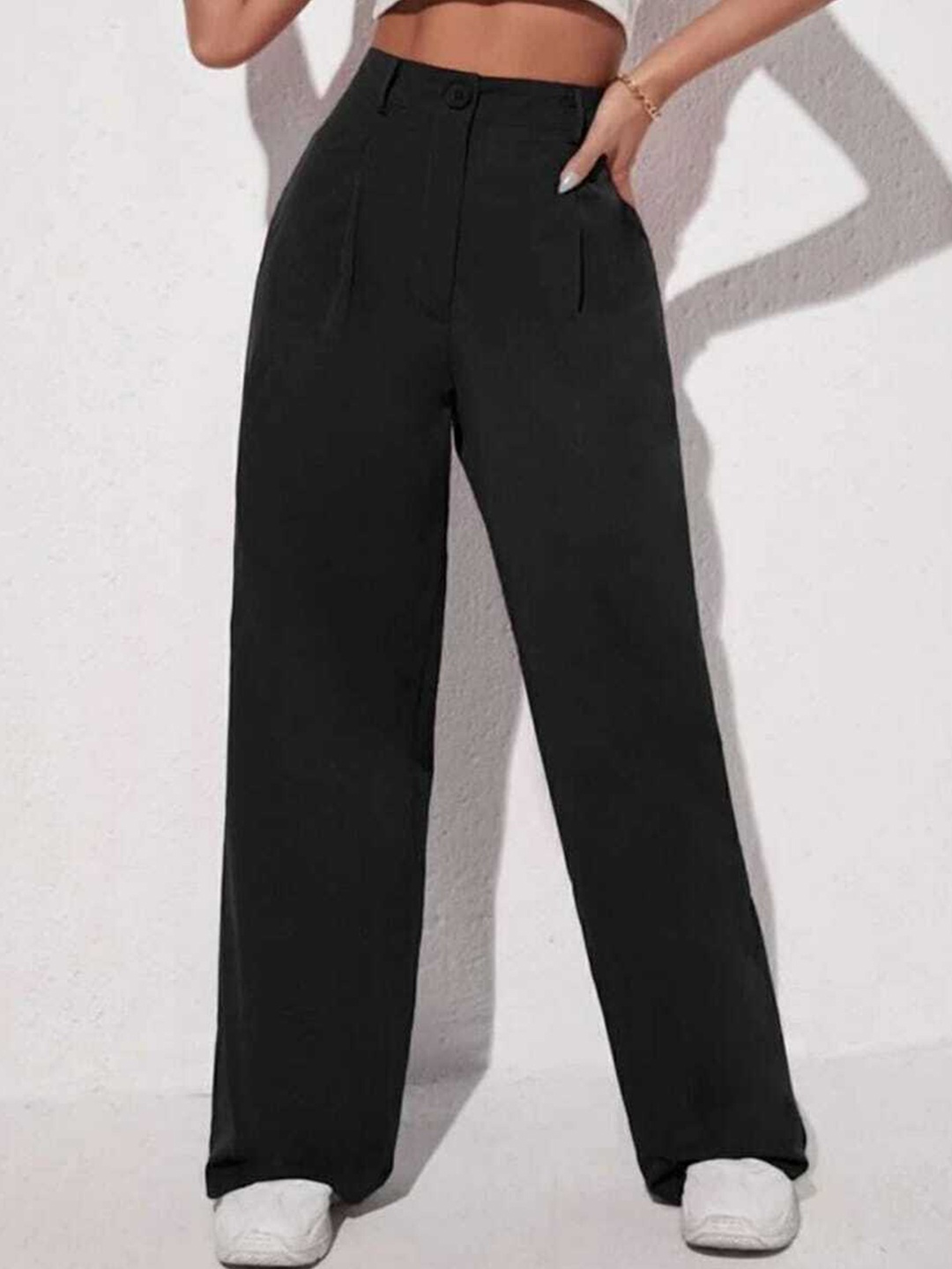 

Next One Women Relaxed Loose Fit High-Rise Easy Wash Pleated Parallel Trousers, Black