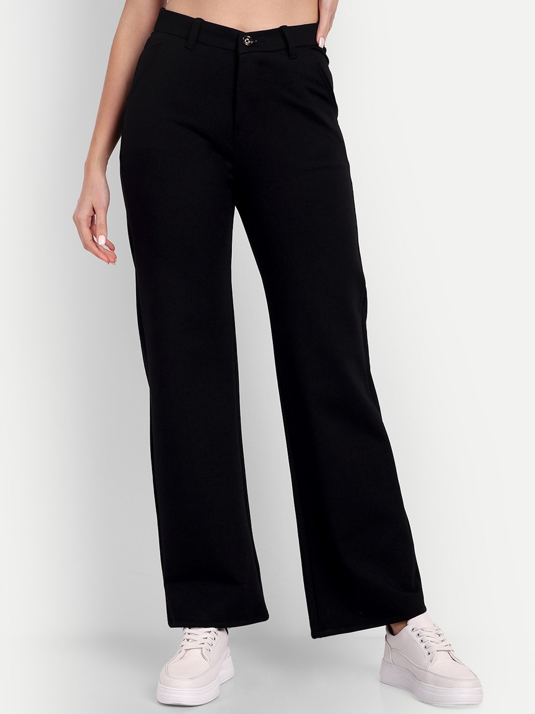 

Next One Women Relaxed Straight Leg Loose Fit High-Rise Easy Wash Stretchable Trousers, Black