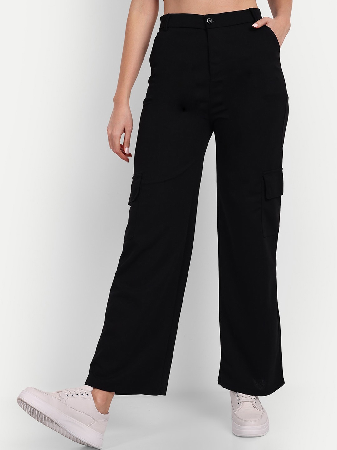 

Next One Women Smart Loose Fit High-Rise Easy Wash Cargo Trousers, Black