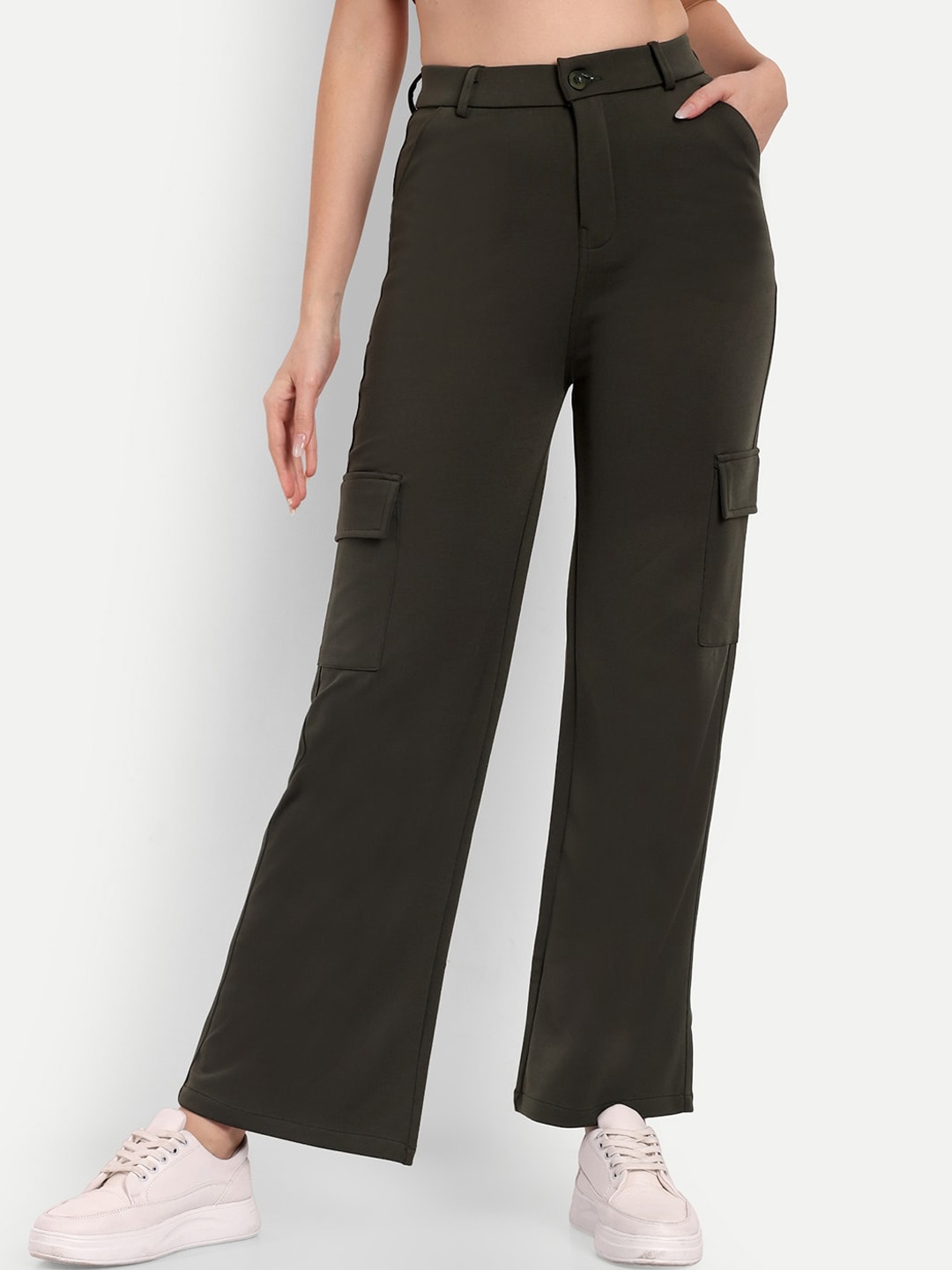 

Next One Women Smart Straight Fit High-Rise Easy Wash Cargos Trousers, Olive