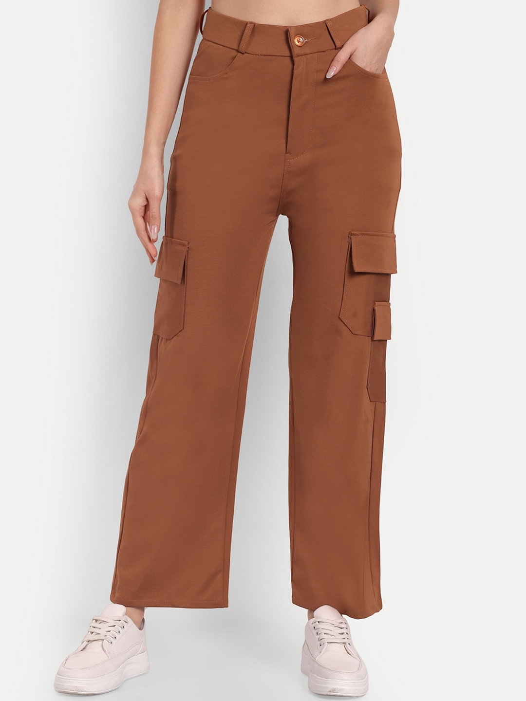 

Next One Women Smart Straight Fit High-Rise Easy Wash Cargos Trousers, Tan