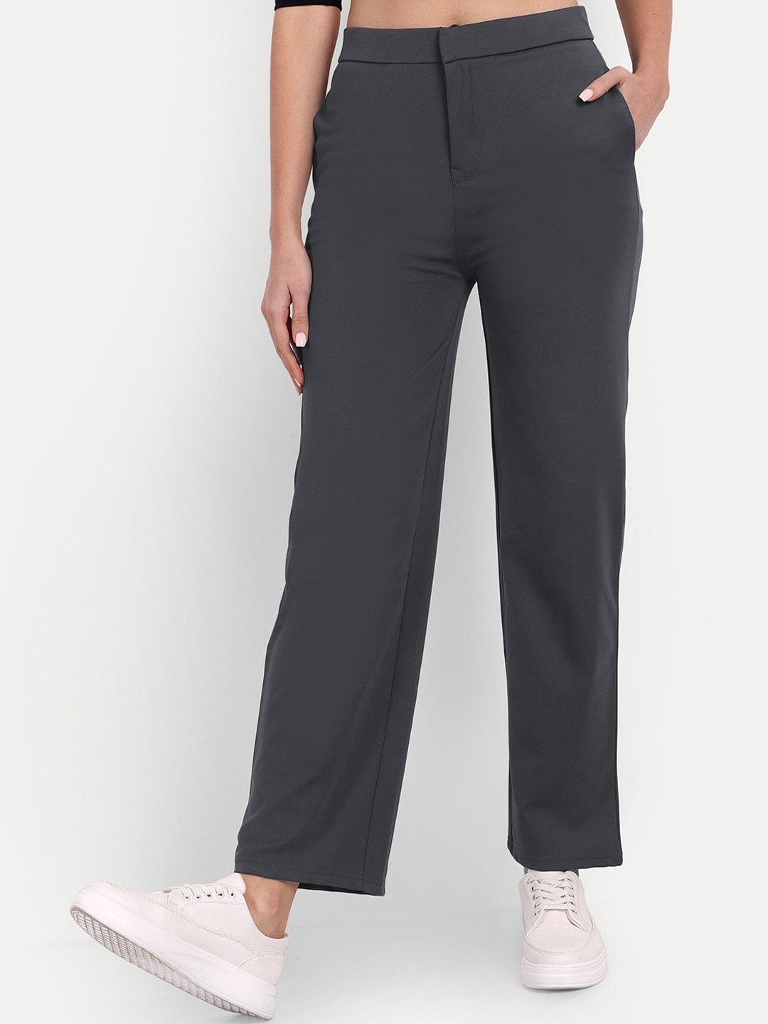 

Next One Women Classic Straight Fit High-Rise Easy Wash Trousers, Grey