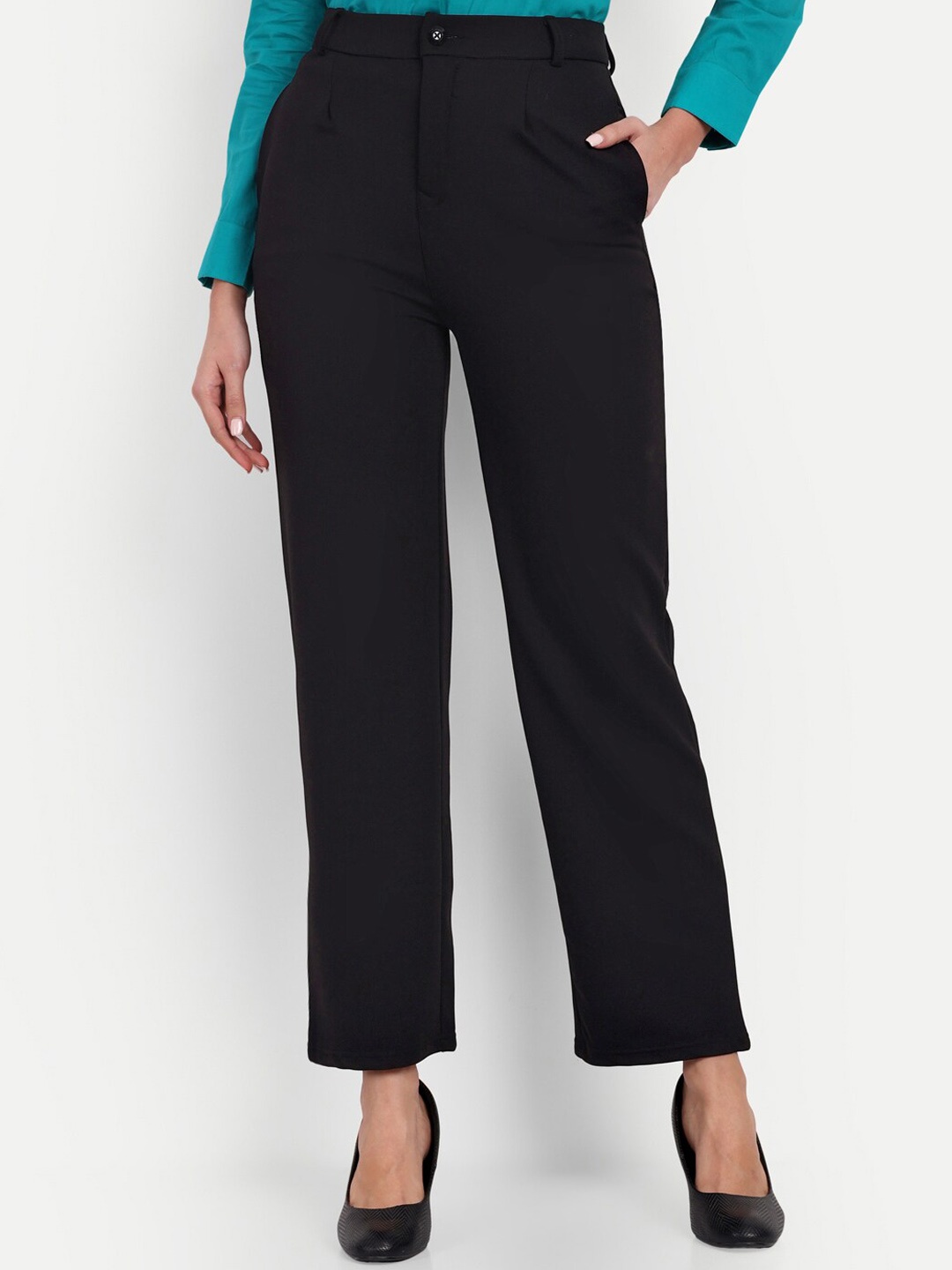 

Next One Women Tailored Straight Fit High-Rise Easy Wash Formal Trousers, Black