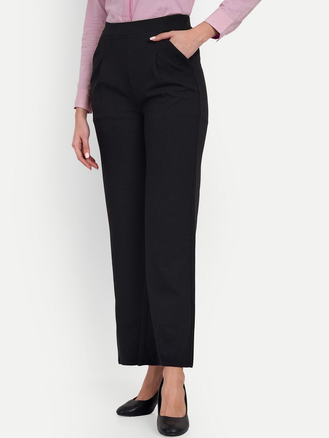 

Next One Women Tailored Loose Fit High-Rise Easy Wash Pleated Formal Trousers, Black