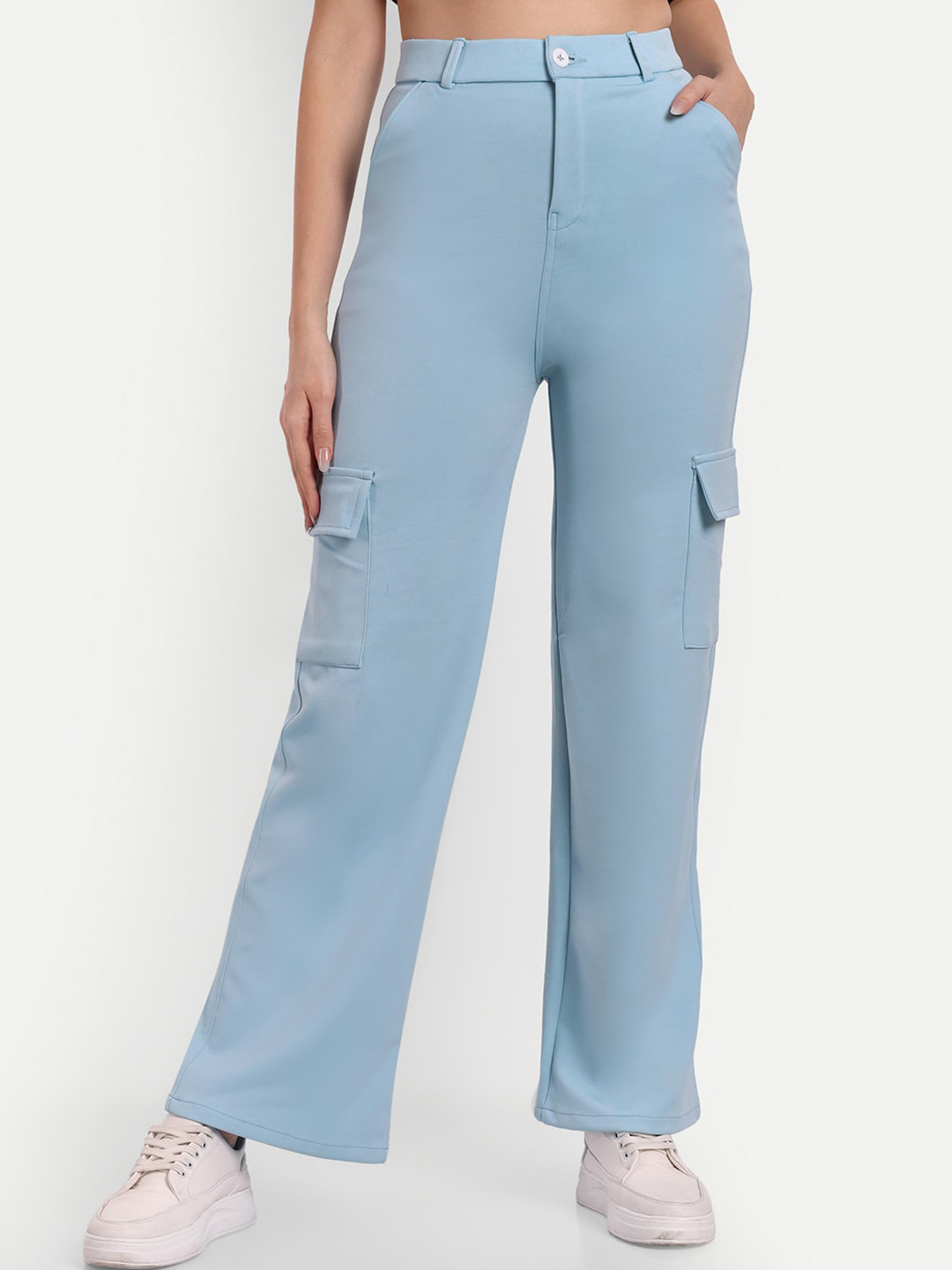 

Next One Women Smart Straight Fit High-Rise Easy Wash Cargos Trousers, Blue