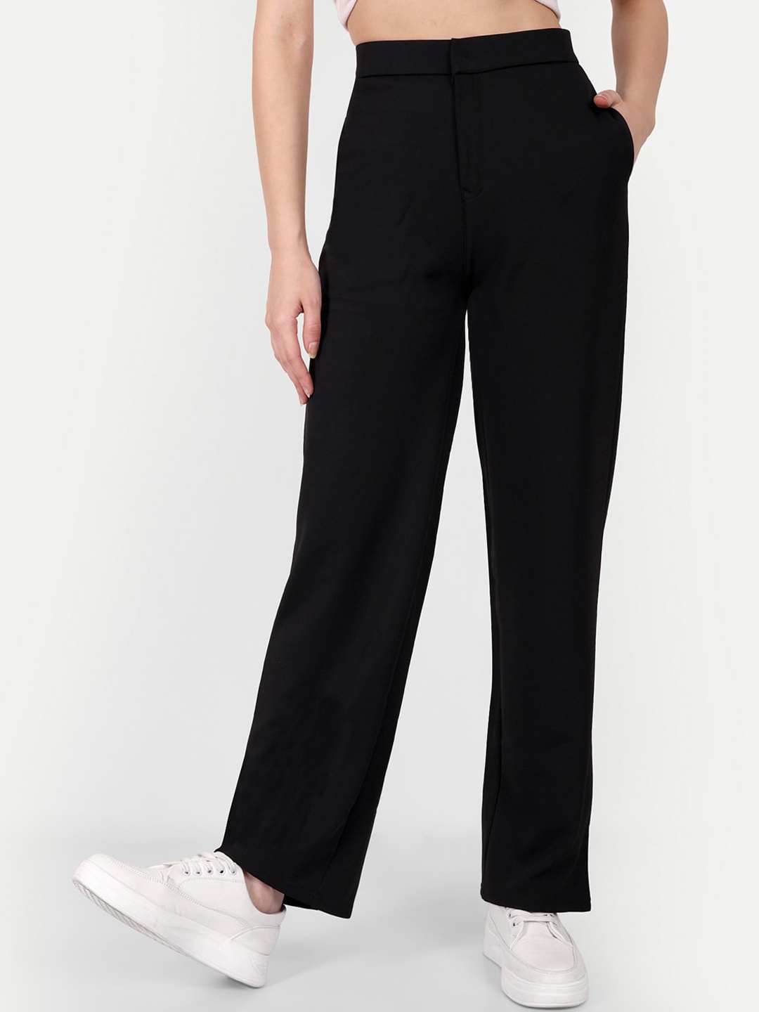 

Next One Women Smart Straight Fit High-Rise Easy Wash Parallel Trousers, Black
