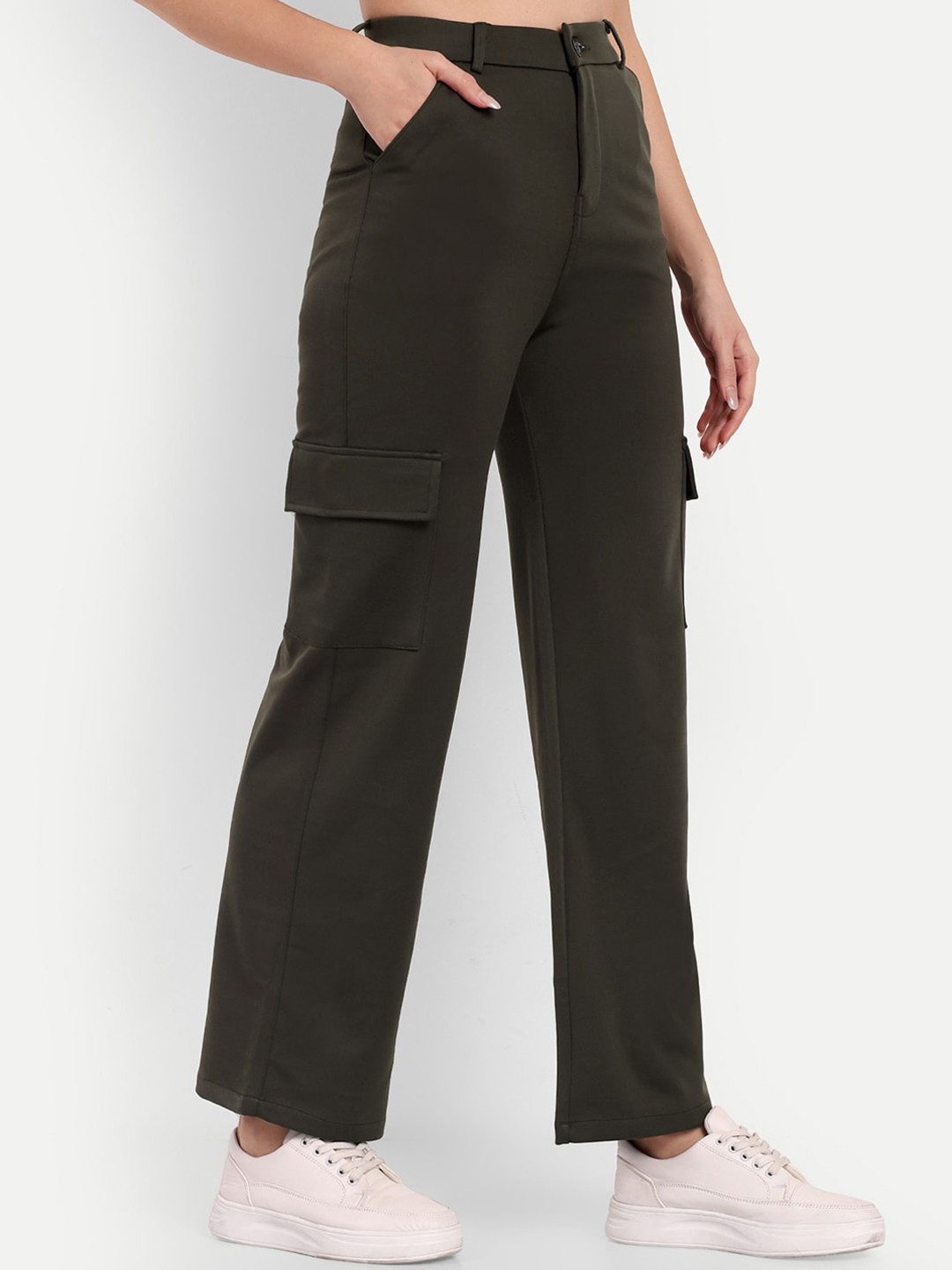 

Next One Women Smart Straight Fit High-Rise Easy Wash Cargo Trousers, Olive