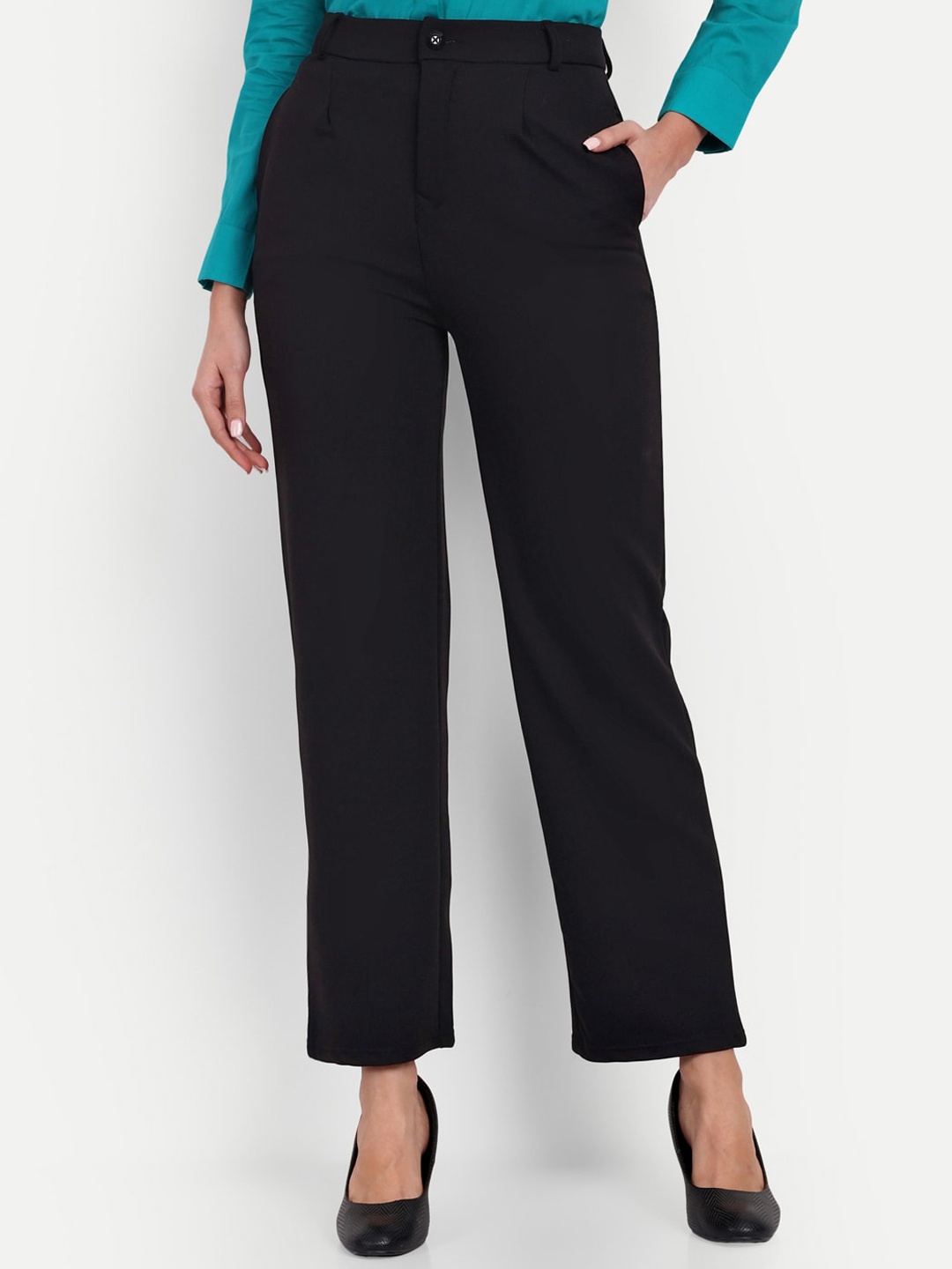 

Next One Women Straight Fit High-Rise Easy Wash Formal Trousers, Black