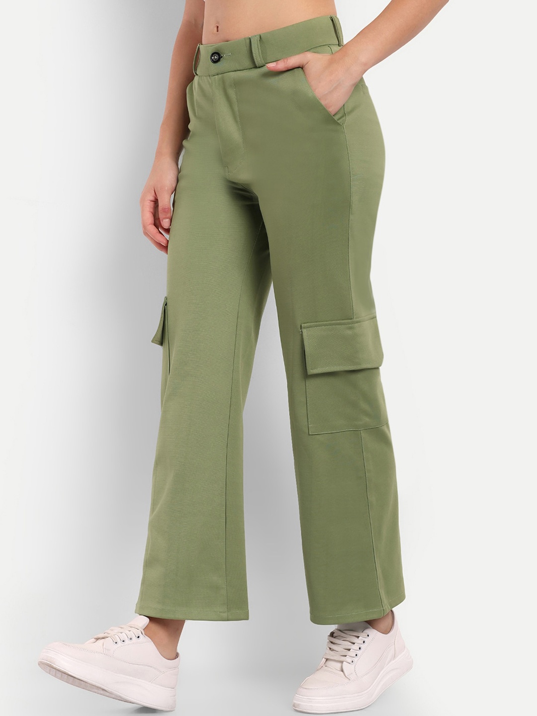 

Next One Women High-Rise Smart Straight Fit Cargos Trousers, Green