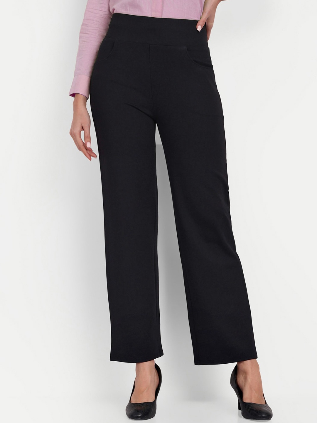 

Next One Women Smart Straight Fit High-Rise Easy Wash Formal Trousers, Black