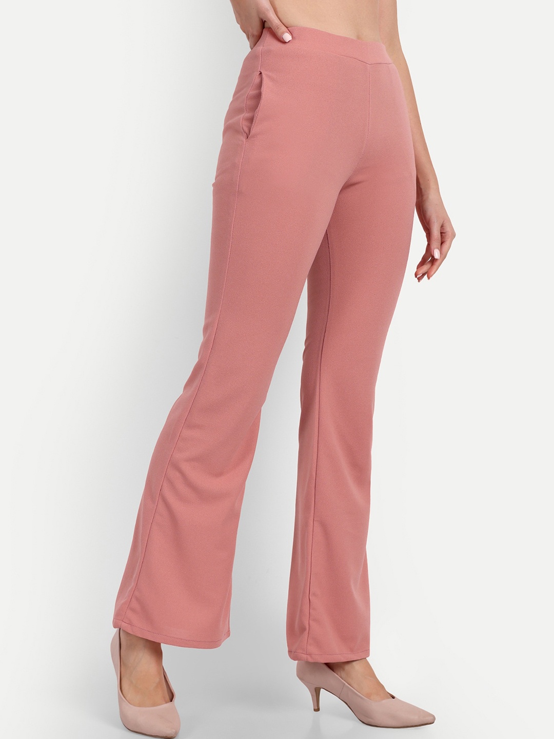 

Next One Women Relaxed Flared Fit High-Rise Stretchable Non Iron Bootcut Trousers, Pink