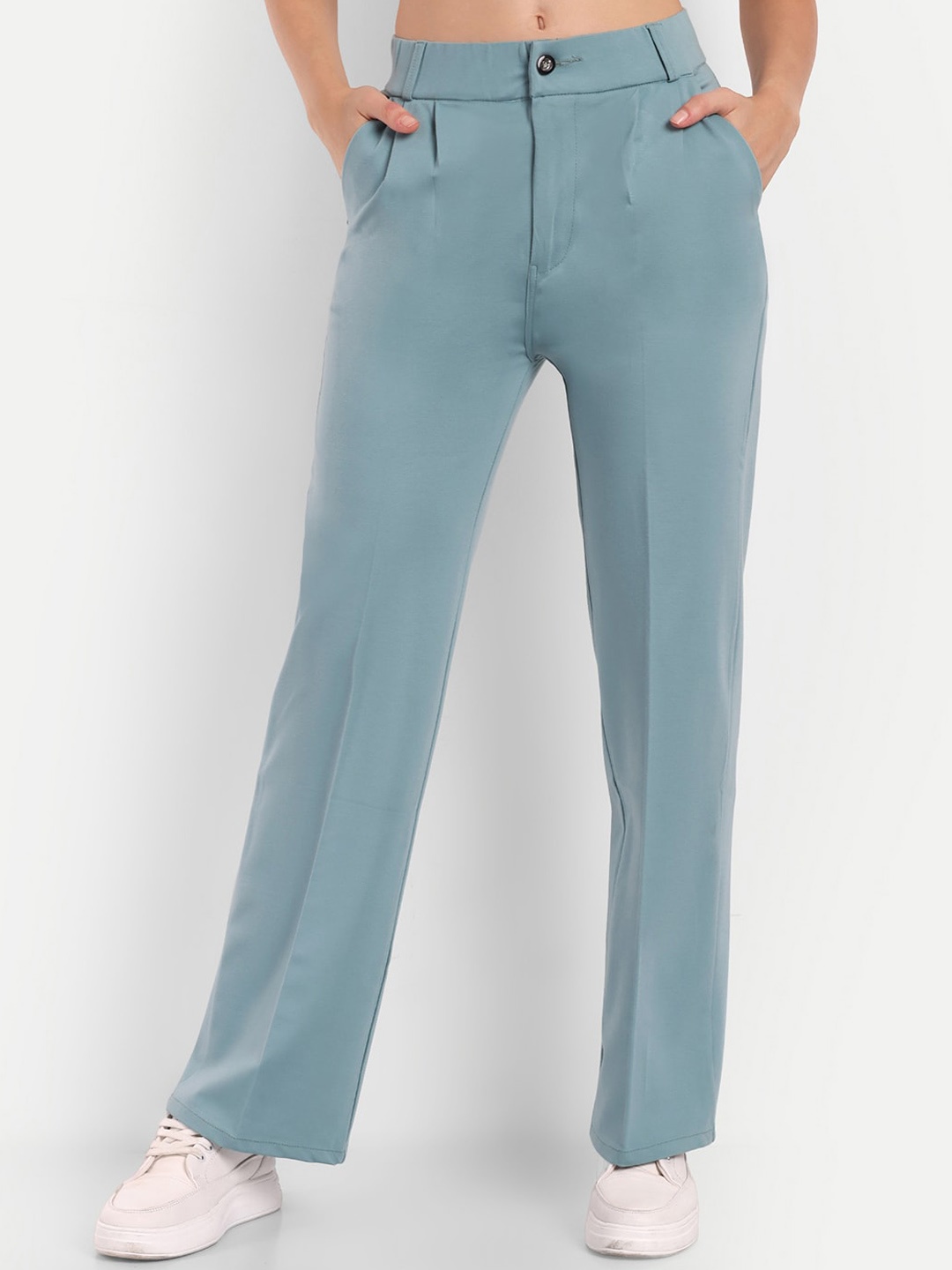 

Next One Women Smart Straight Fit High-Rise Easy Wash Stretchable Parallel Trousers, Blue