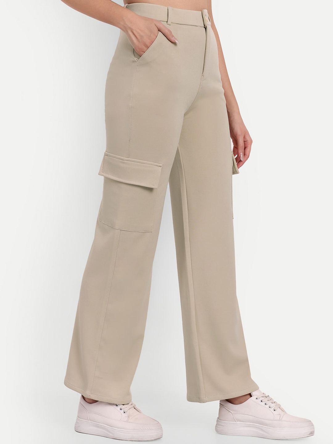 

Next One Women Smart Straight Fit High-Rise Easy Wash Cargo Trousers, Cream
