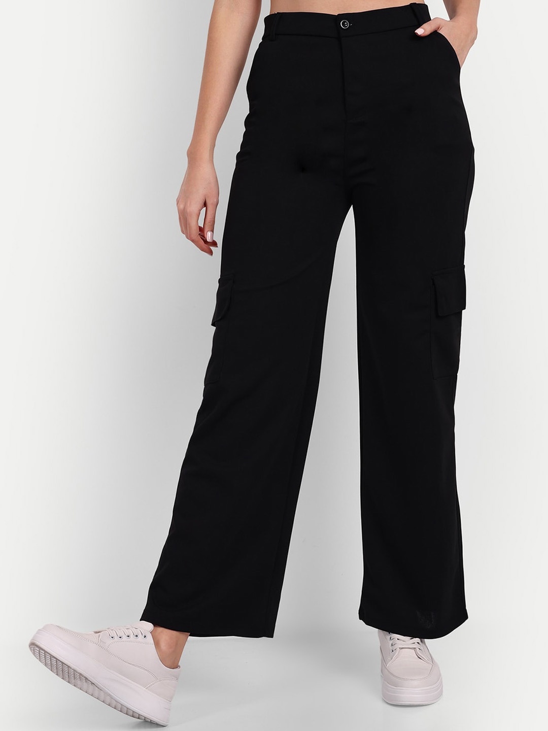 

Next One Women Relaxed Straight Leg Loose Fit High-Rise Easy Wash Trousers, Black