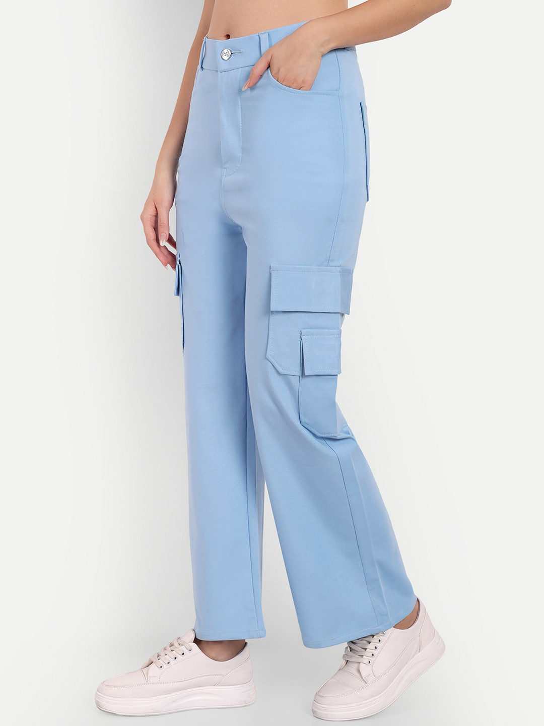 

Next One Women Smart Straight Fit High-Rise Easy Wash Cargos Trousers, Blue