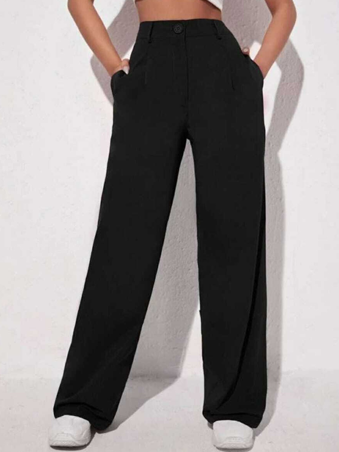 

Next One Women Relaxed Straight Leg Loose Fit High-Rise Easy Wash Pleated Trousers, Black