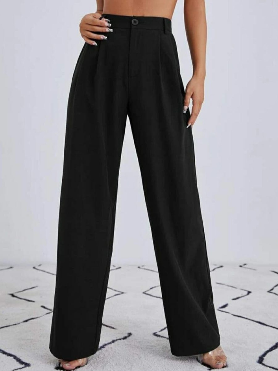 

Next One Women Black Smart Loose Fit High-Rise Easy Wash Parellel Trousers