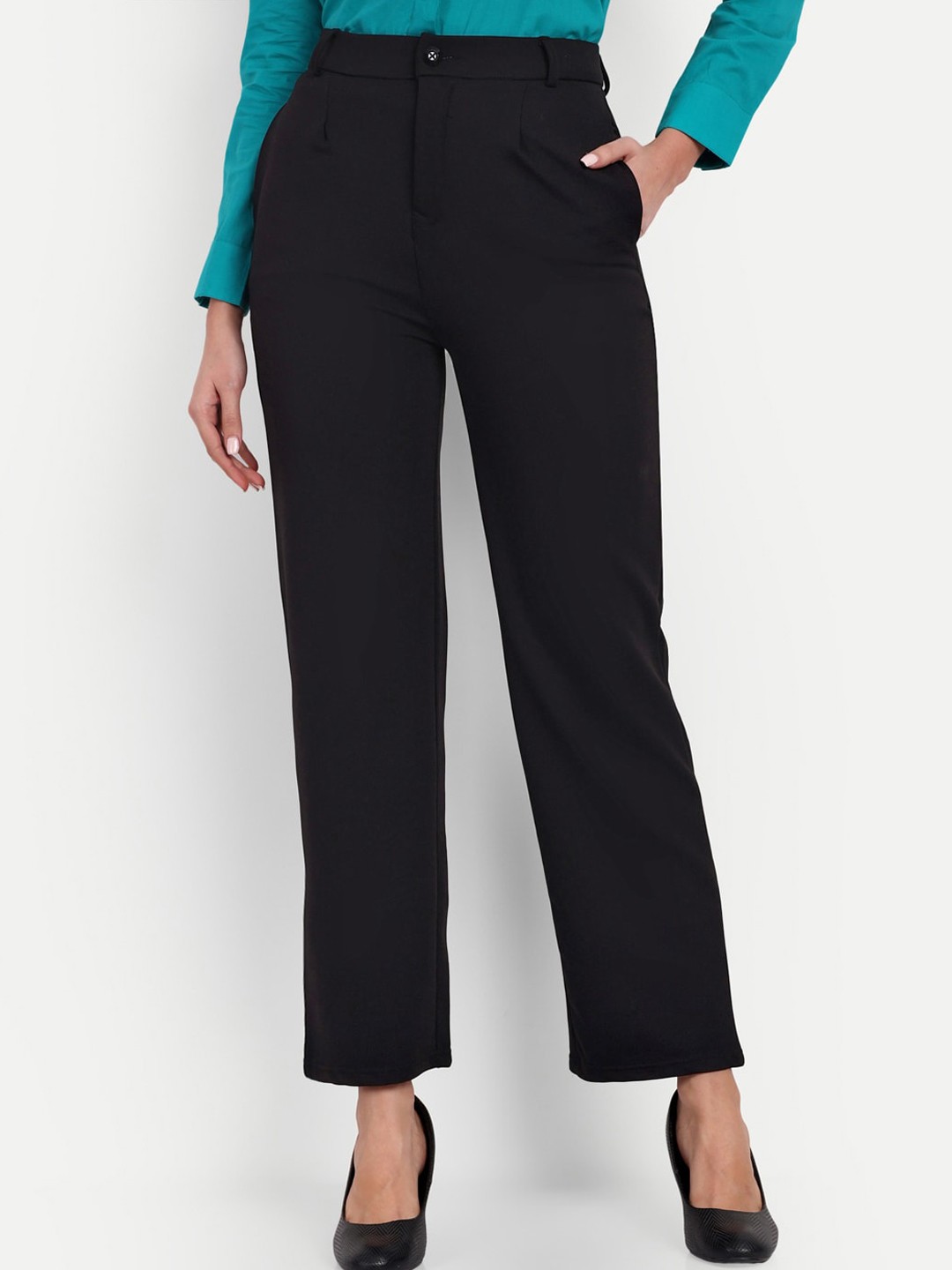 

Next One Women Straight Fit High-Rise Easy Wash Formal Trousers, Black