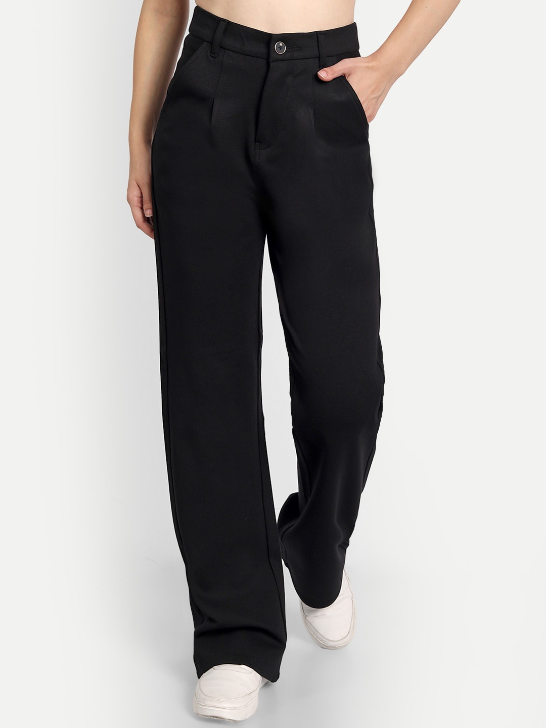 

Next One Women Relaxed Straight Leg Loose Fit High-Rise Easy Wash Pleated Regular Trousers, Black