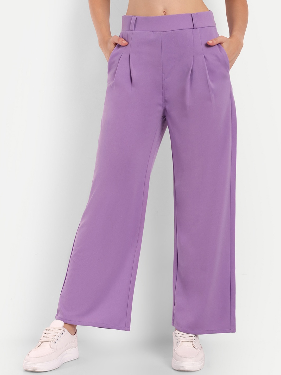 

Next One Women Smart Loose Fit High-Rise Easy Wash Pleated Stretchable Wide Leg Trousers, Lavender