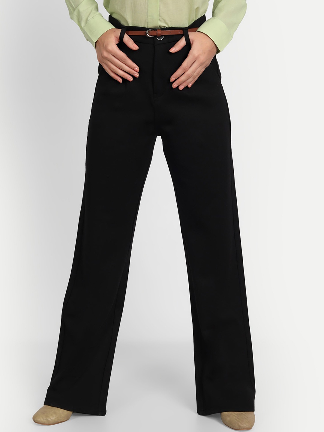 

Next One Women Relaxed Straight Leg Loose Fit High-Rise Easy Wash Formal Trousers, Black