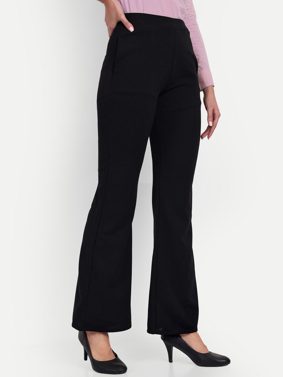 

Next One Women Relaxed Flared High-Rise Non Iron Bootcut Trousers, Black