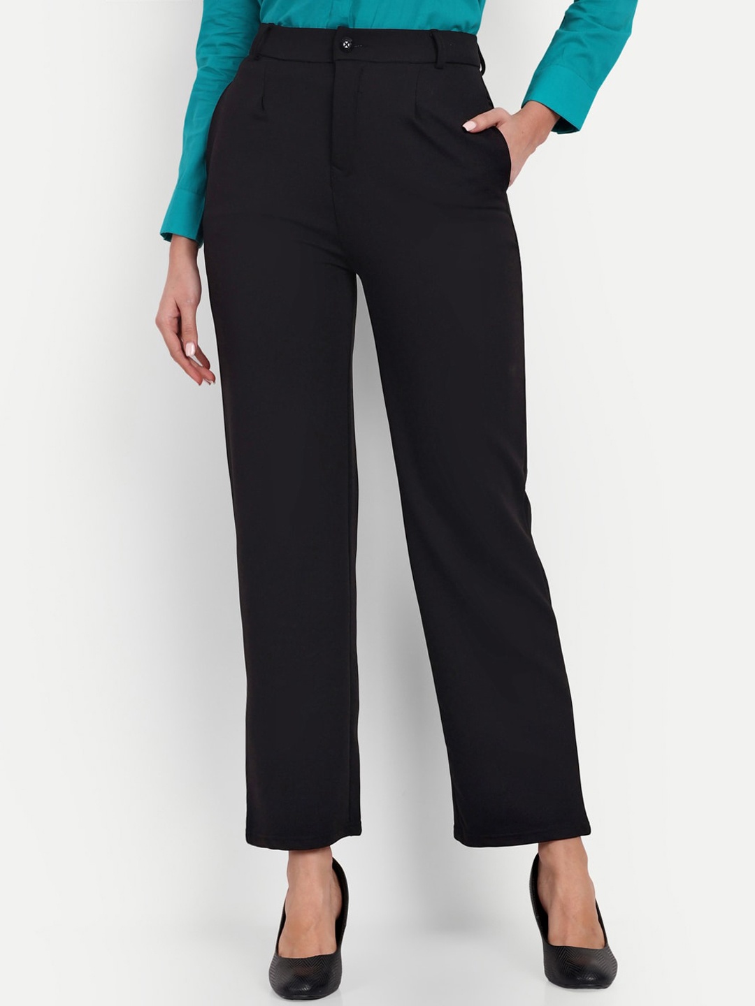 

Next One Women Straight Fit High-Rise Easy Wash Formal Trousers, Black