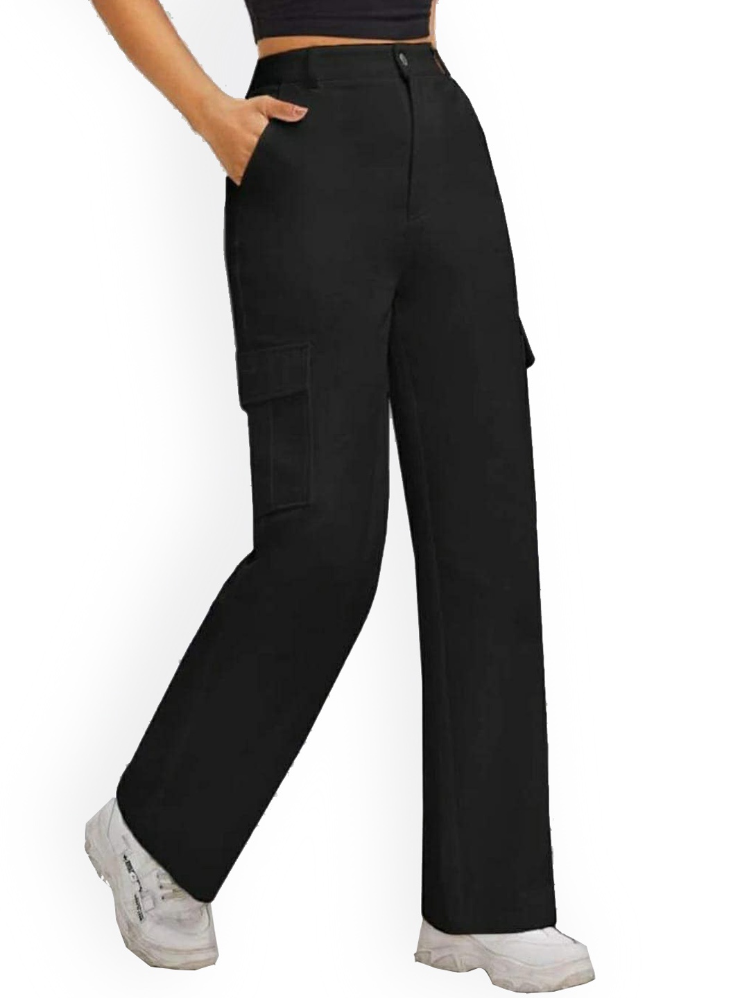 

Next One Women Relaxed Straight Leg High-Rise Easy Wash Cargo Trousers, Black