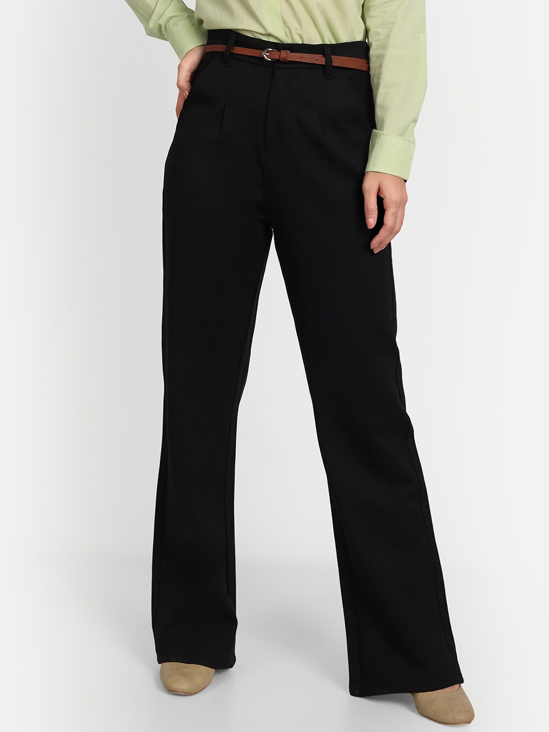 

Next One Women Relaxed Straight Leg Loose Fit High-Rise Easy Wash Formal Trousers, Black