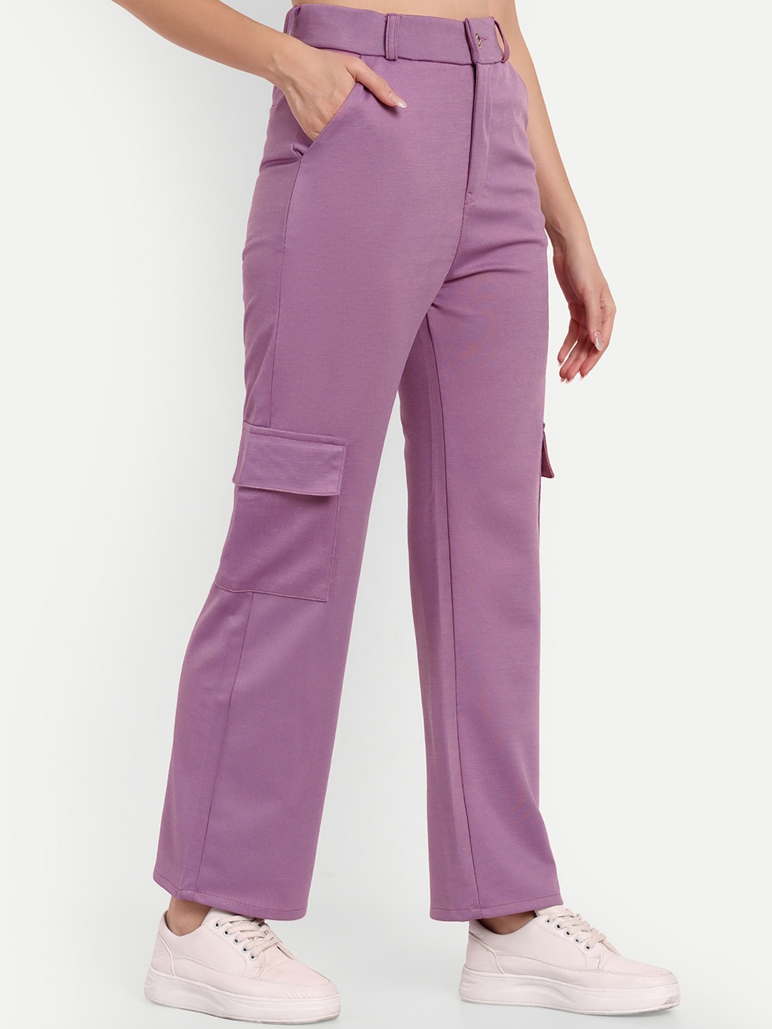 

Next One Women Smart Straight Fit High-Rise Easy Wash Cargo Trousers, Violet