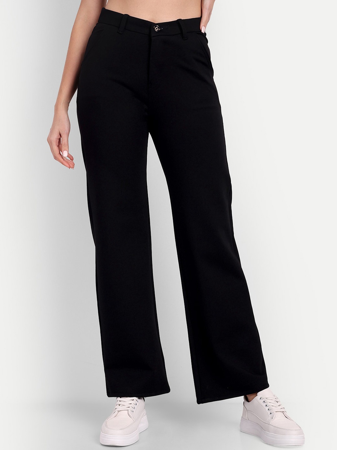 

Next One Women Relaxed Straight Leg Loose Fit High-Rise Easy Wash Regular Trousers, Black