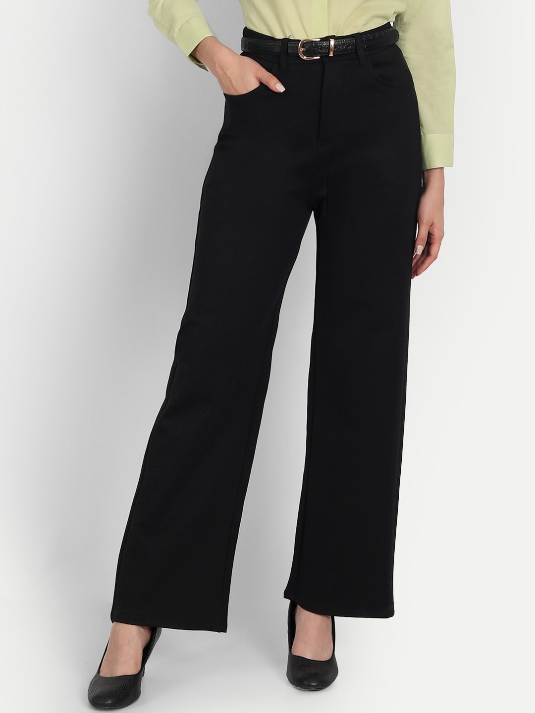 

Next One Women Smart Loose Fit High-Rise Easy Wash Formal Trousers, Black