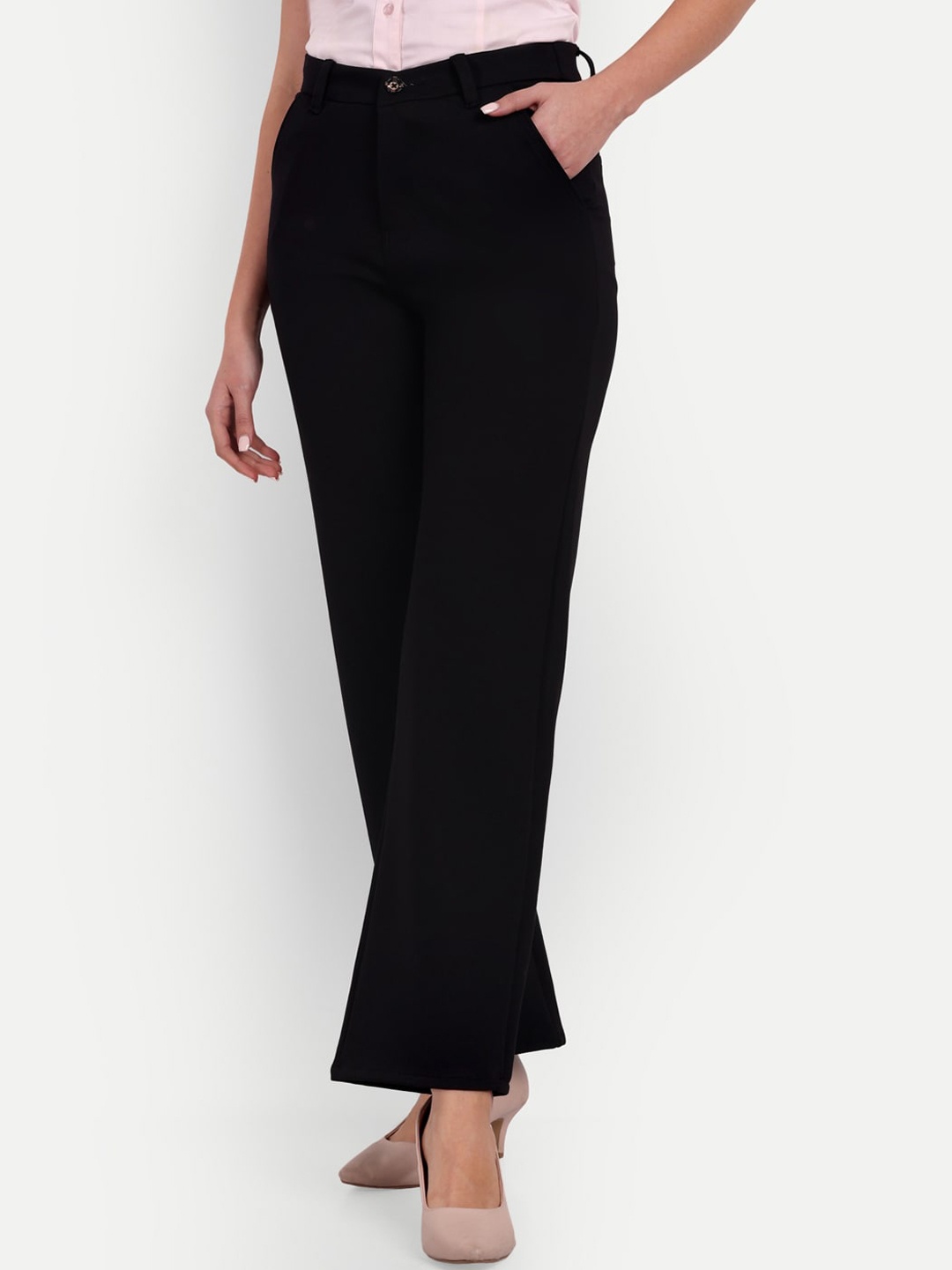 

Next One Women Smart Loose Fit High-Rise Easy Wash Stretchable Formal Trousers, Black