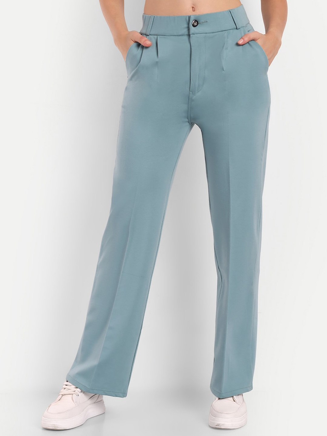

Next One Women Smart Straight Fit High-Rise Easy Wash Stretchable Trousers, Sea green