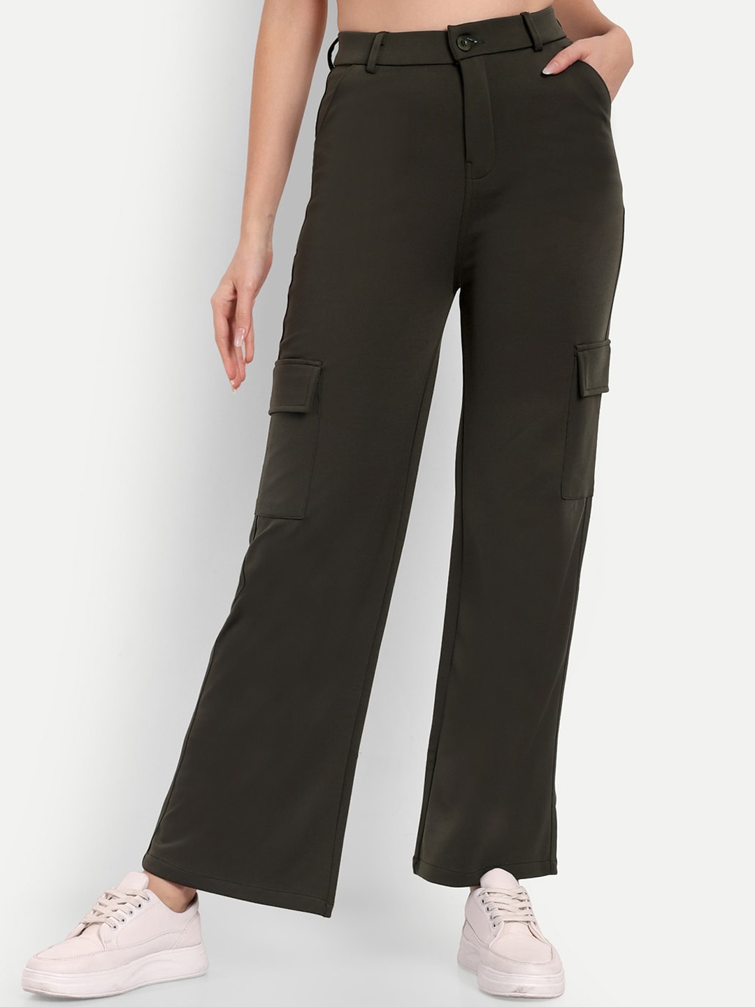 

Next One Women Smart Straight Fit High-Rise Easy Wash Cargo Trousers, Olive
