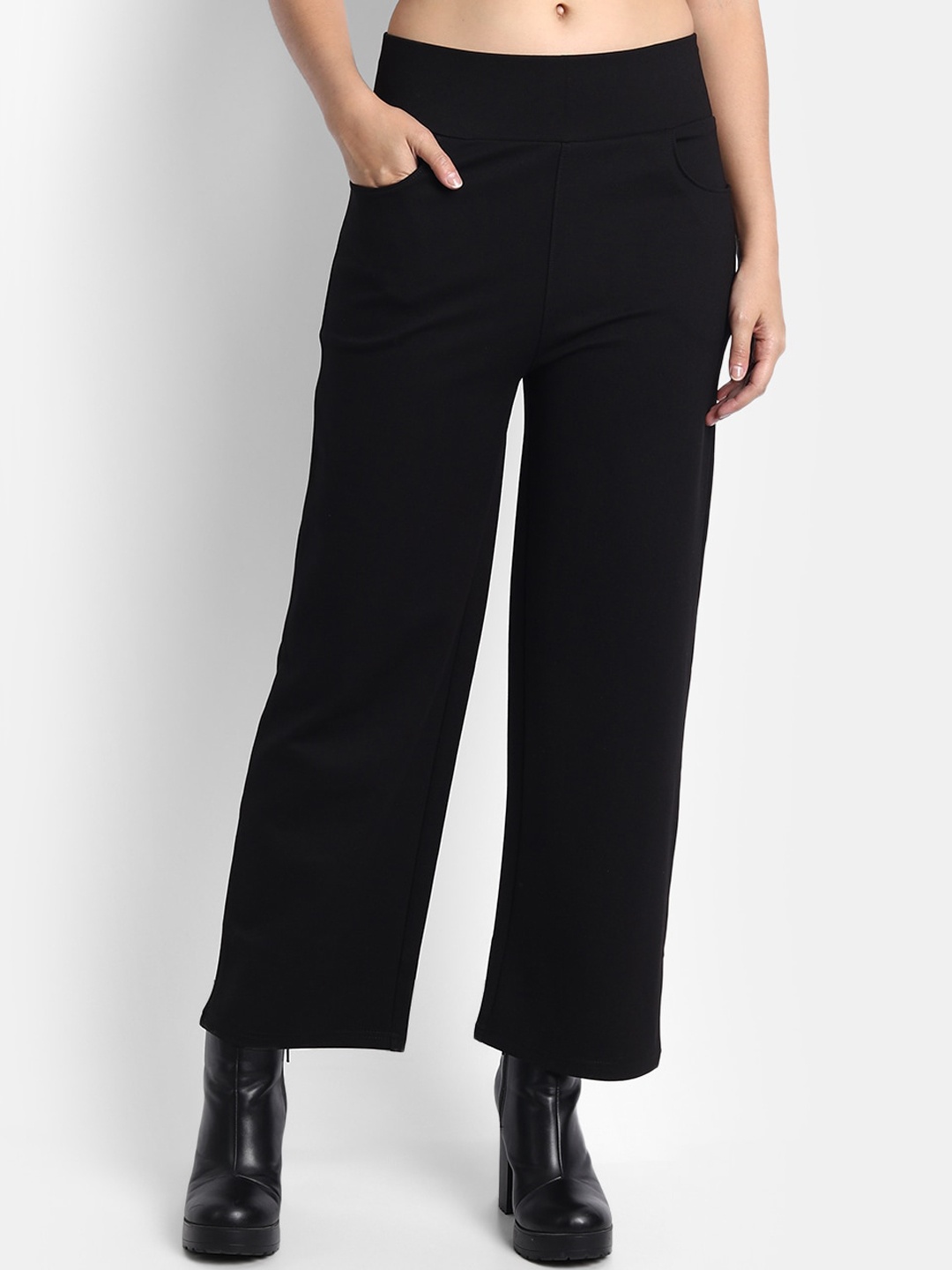 

Next One Women Smart Straight Fit High-Rise Easy Wash Parallel Trousers, Black
