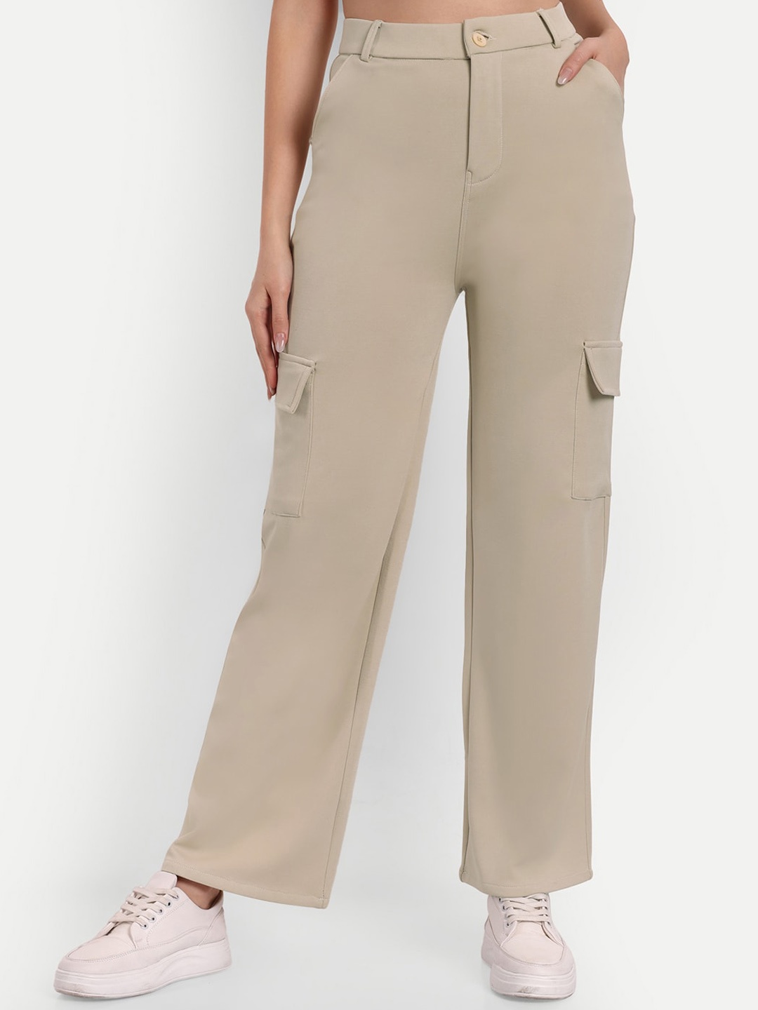 

Next One Women Smart Straight Fit High-Rise Easy Wash Cargos Trousers, Cream