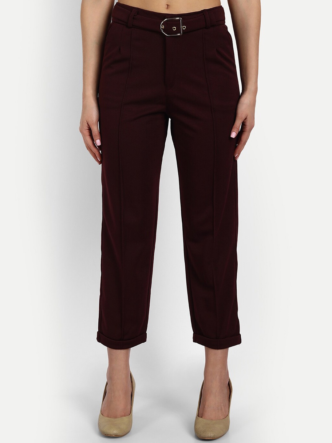 

Next One Women Relaxed Straight Leg High-Rise Easy Wash Pleated Loose Fit Cropped Trousers, Maroon
